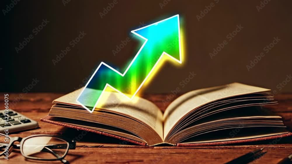 Poster glowing upward arrow animation emerges from an open book on a wooden desk, symbolizing knowledge, ed