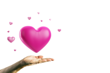 Open hand holding large pink heart with small floating hearts around, isolated on white background. Concept of love, care, and Valentine's Day