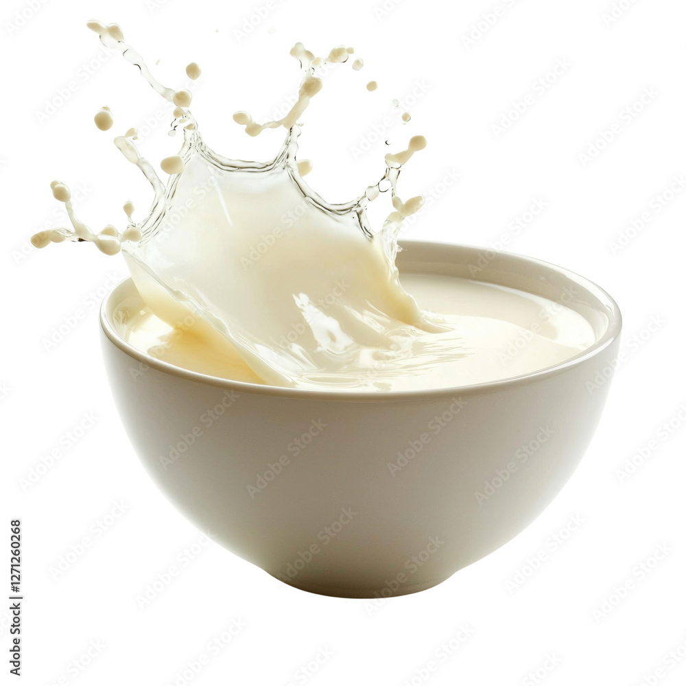 Poster fresh milk splashing in white bowl, creating dynamic and lively scene. creamy texture and motion evo