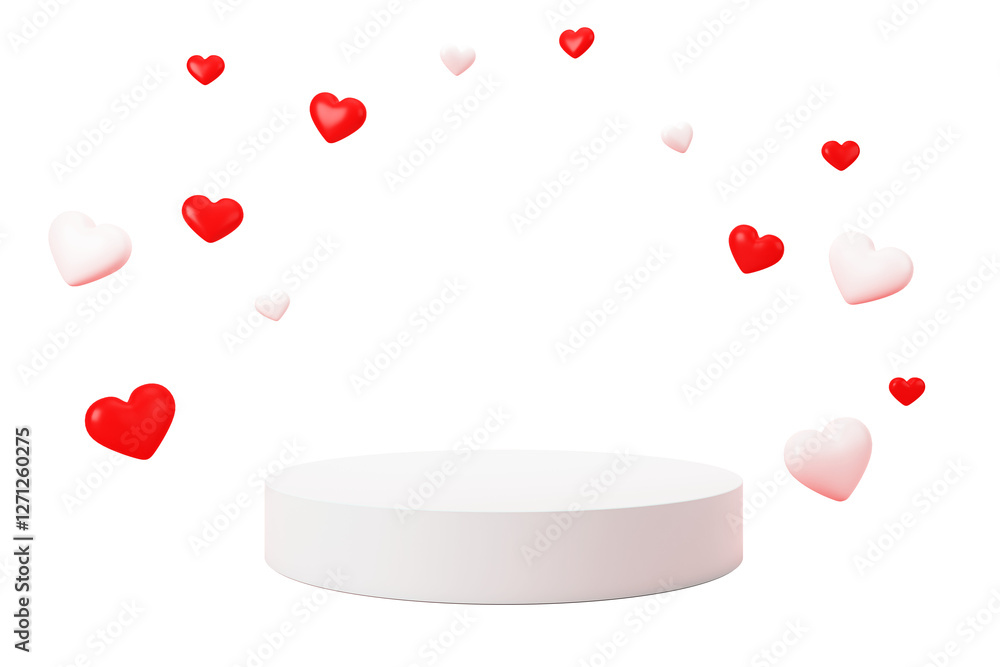 Poster white podium with floating red and white hearts, isolated on a clean background. concept for valenti