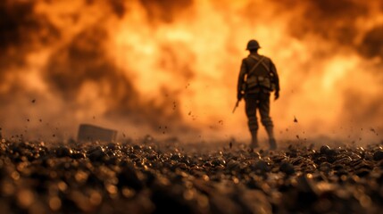 The Last Soldier Standing Amidst Flames on the Battlefield in Dramatic Scene