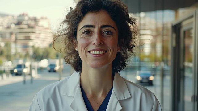 Smiling healthcare professional in white coat outside modern medical facility during sunny day