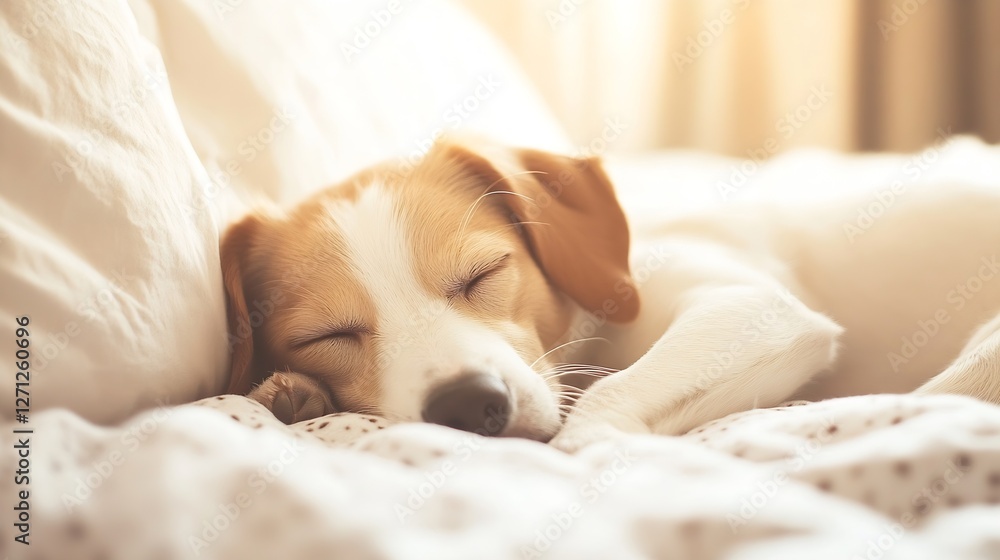 Poster adorable sleeping puppy resting peacefully on a cozy bed with soft sunlight shining through : genera