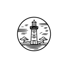 black and white illustration depicting a tall lighthouse standing against a serene coastal backdrop