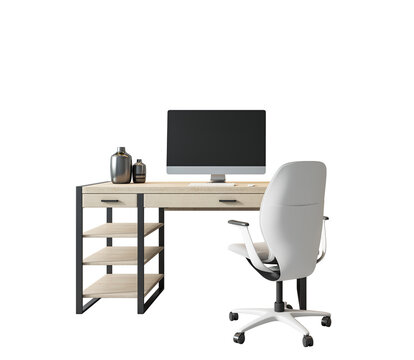 Contemporary office desk with computer, chair, and decorative elements on a white background. Minimalist workspace design concept. 3D Rendering.
