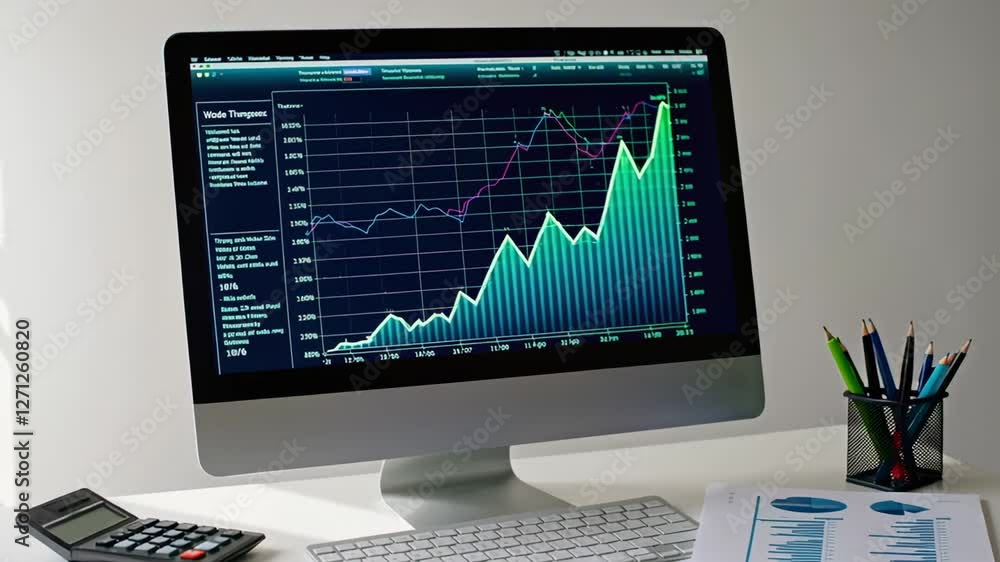Poster positive financial growth charts are displayed on a computer monitor, accompanied by a keyboard, cal