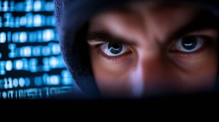 Intense closeup of a hacker's focused eyes using a computer and navigating through digital code : Generative AI