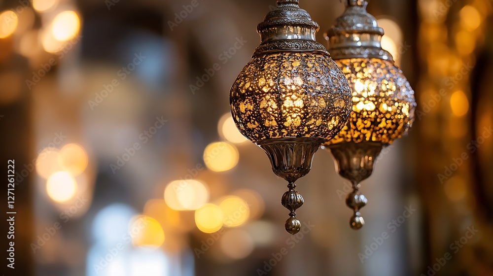 Aufkleber Ornate hanging lanterns with intricate designs illuminating a warm and inviting ambiance in interior space : Generative AI