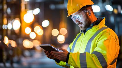 safety engineer in reflective jacket using tablet at night
