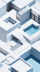 Geometric isometric shapes in neutral grays and blues with clean modern lines. Represents structure, professionalism, and design for property sales or architecture firms