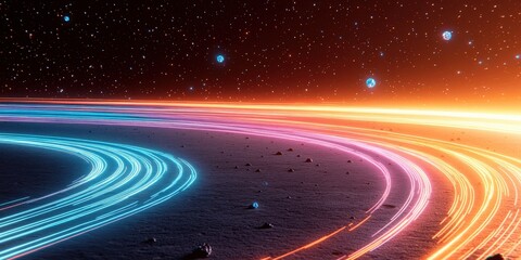Stunning Cosmic Landscape with Vibrant Neon Planet Rings and Glowing Stars in Outer Space - Colorful Galactic Scene Perfect for Universe and Astronomy Enthusiasts