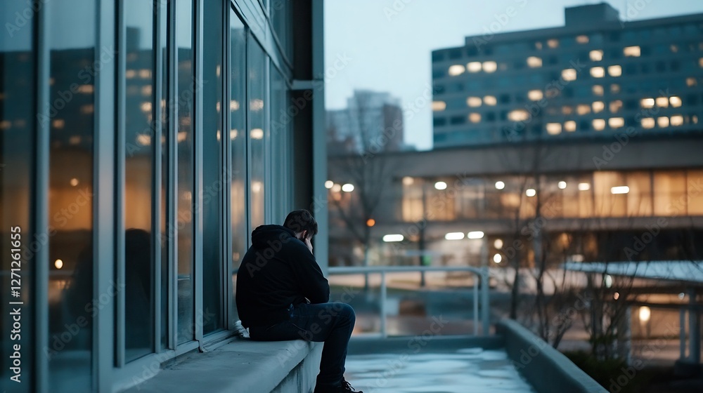 Aufkleber melancholic man sitting alone on a ledge with urban buildings in the background during twilight : ge