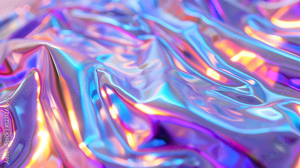 Poster iridescent fabric texture with vibrant colors reflecting light, creating a dynamic visual effect
