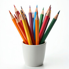Vibrant colored pencils in white holder on clear backdrop. Rainbow spectrum of sharp crayons for drawing, sketching. Art supplies for college students, school kids. Perfect for creativity,