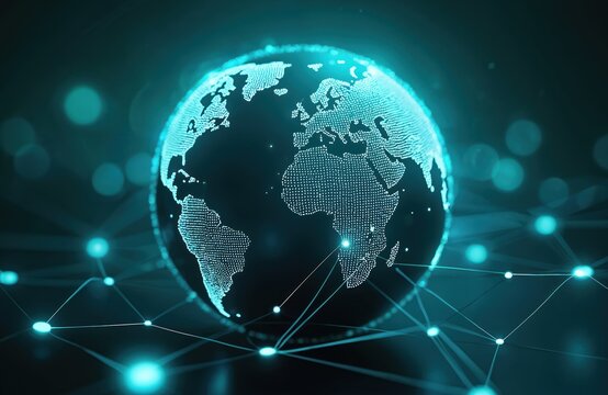 Abstract digital globe with connected lines, represents global business. Glowing energy, futuristic blue tones symbolize worldwide connectivity, information tech, network, finance, corporate - Powered by Adobe