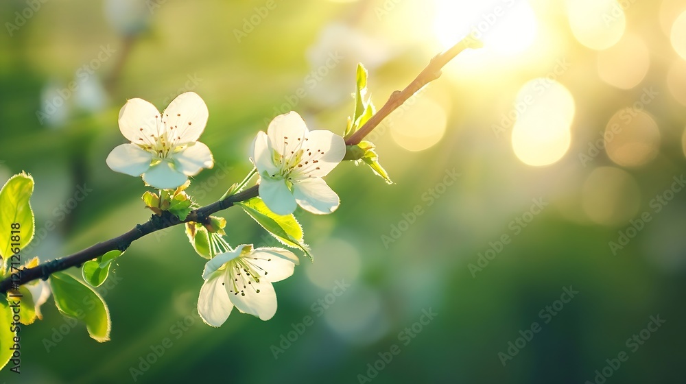 Aufkleber Blossoming cherry tree flowers glimmering in the sunlight with a soft bokeh effect : Generative AI