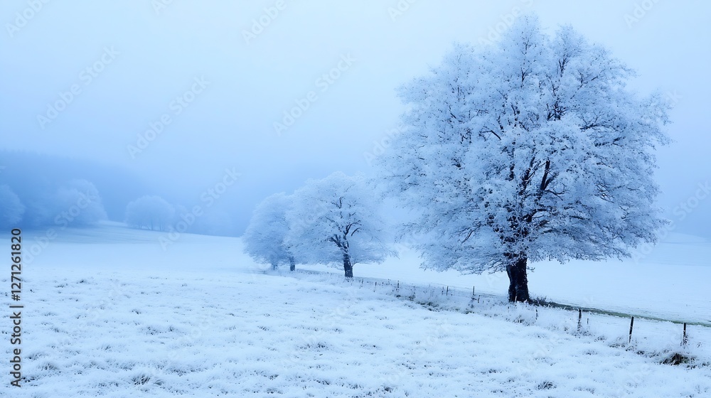 Poster winter landscape featuring frosted trees in a serene misty snowfall environment : generative ai