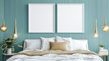 Elegant Teal Bedroom Interior Design with Mockup Frames