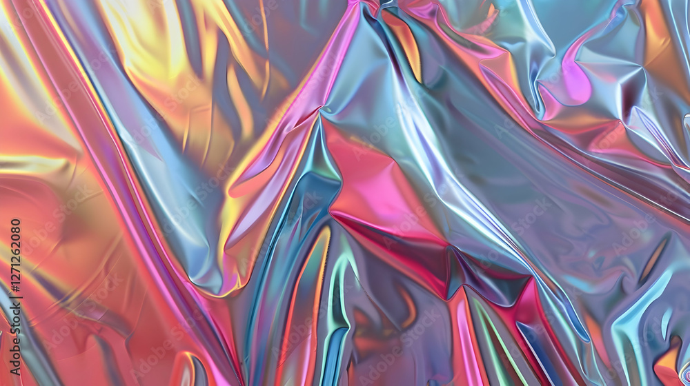 Poster vibrant iridescent wrinkled foil creating a colorful abstract background with smooth reflections