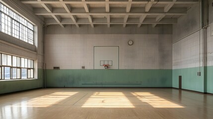 Abandoned Indoor Basketball Court with Sunlight Streaming Through Windows