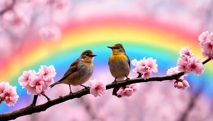 Two Birds on Branch with Rainbow Background.