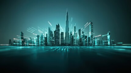 A futuristic cityscape with towering skyscrapers illuminated by pulsating neon grids, flying vehicles zipping through the air leaving trails of light.