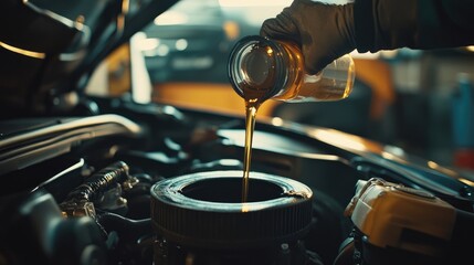 Pouring Engine Oil into a Car Engine