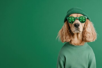 A stylish golden retriever wearing green sunglasses and a green sweater against a solid green background, showcasing a playful and festive vibe
