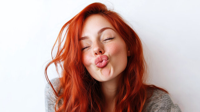 Red-haired woman making a playful kissy face indoors