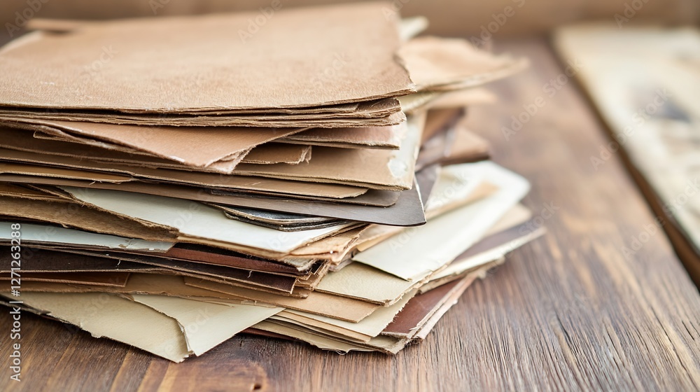 Aufkleber artistic stack of vintage leather sheets resting on a rustic wooden table : generative ai
