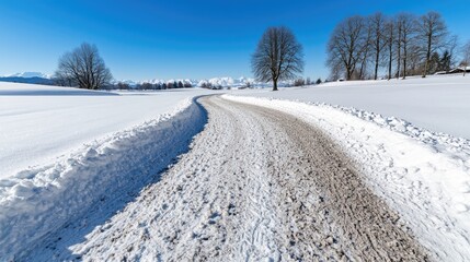 Obraz premium Snowy road winding through winter landscape, mountains in background; travel, nature photography