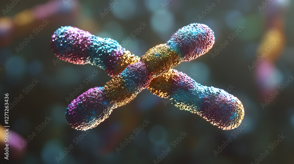 Poster a vibrant, 3d representation of chromosomes, showcasing their intricate structure and colorful detai