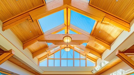 Obraz premium Stunning Wooden Ceiling with Skylights: Architectural Design Marvel