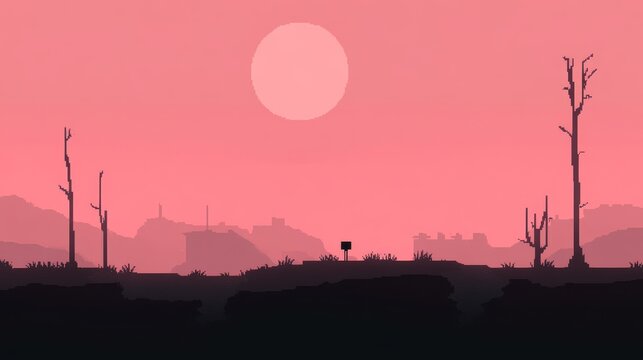 Pixelated skyline under bright sky