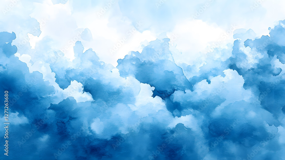 Poster a serene watercolor depiction of blue clouds, blending various shades and creating a calming atmosph