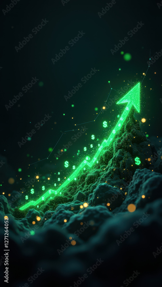 Poster a stylized representation of financial growth, with a green arrow signifying upward movement above a