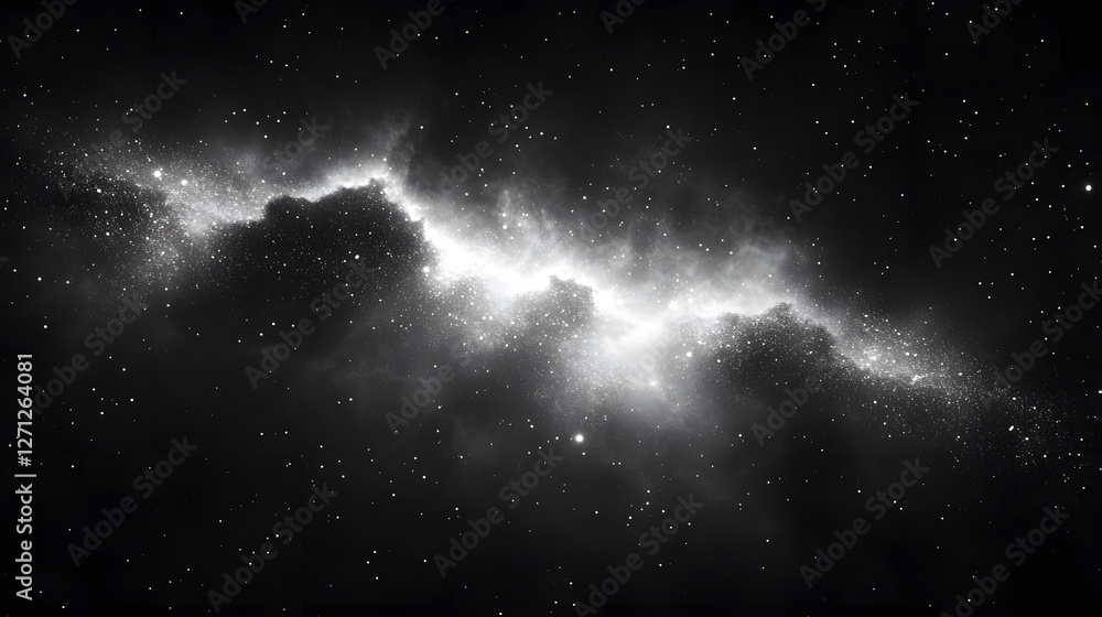 Poster a monochromatic depiction of a cosmic scene, featuring swirling clouds of gas and distant stars in a