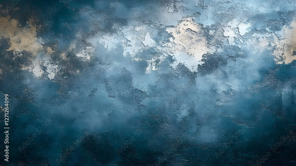 Poster an abstract art piece featuring a textured blend of blues and subtle hints of gold, evoking a sense 