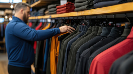 Sports Apparel Concept, A man browsing through a rack of clothing in a retail store, examining various garments displayed on wooden shelves.