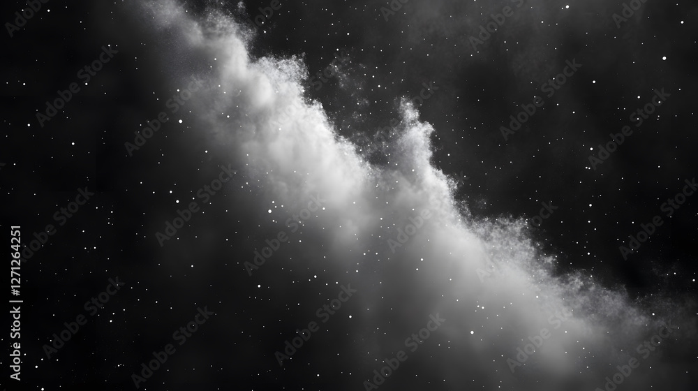 Poster a dramatic black-and-white image of swirling clouds against a starry background, evoking a sense of 