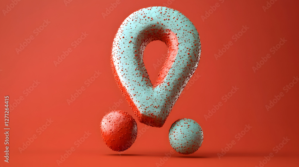 Poster a colorful 3d question mark sculpture with a textured surface, set against a vibrant red background,