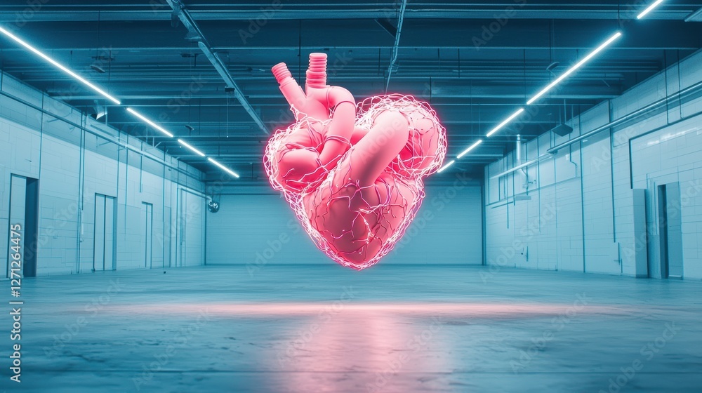 Poster a large scale neon sculpture in the shape of a human heart, its intricate network of tubes pulsing w