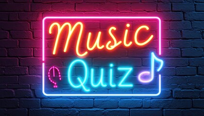 Bright neon sign on dark brick wall. Music Quiz concept with notes and equalizer icon. Glowing blue and pink colors attract attention, entertainment theme. Perfect for nightclubs, bars or events.