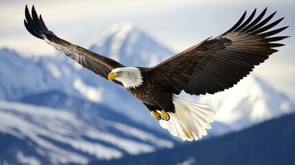 Obraz premium Majestic Bald Eagle in Flight over Snowy Mountains