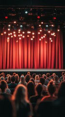 A large audience awaits a live performance as stage lights illuminate the red curtains