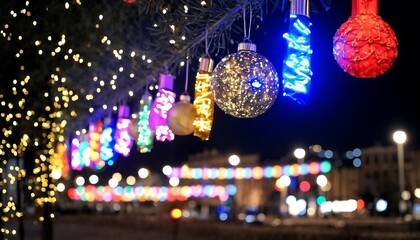 Christmas decorations and lights in an outdoor setting.