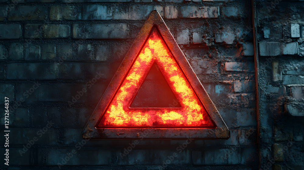 Poster A glowing red triangular symbol embedded in a textured wall, exuding a mysterious and intense atmosphere