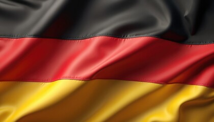Obraz premium Close-up of German flag waving. National symbol of Germany with black, red, gold colors. Fabric banner flutters represents patriotism, pride, identity, culture, independence, sovereignty, strength,