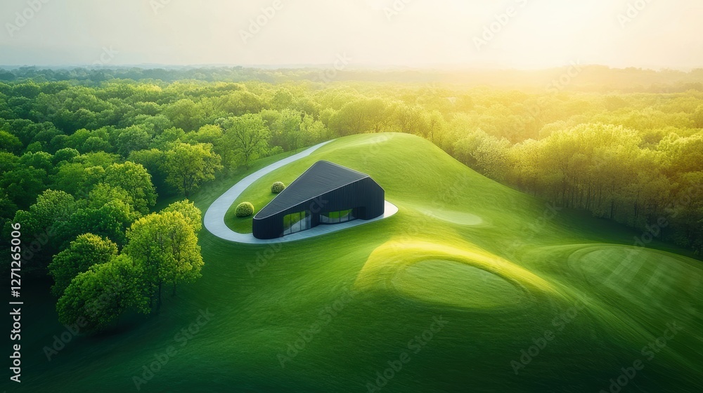 Aufkleber a drone shot of a contemporary house with a sloping roofline composed of multiple triangular section