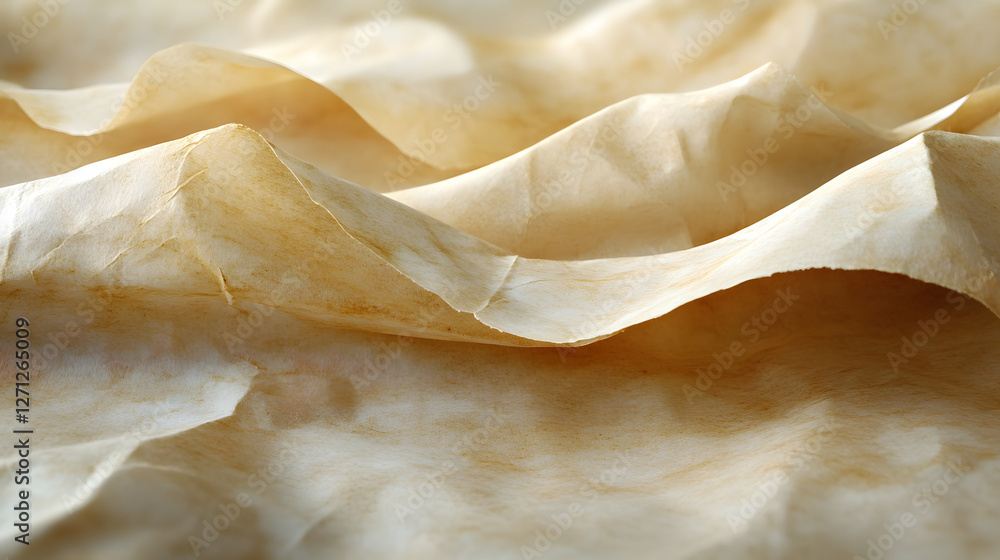 Poster a close-up of textured, crumpled paper with soft, warm tones, creating an organic and artistic appea